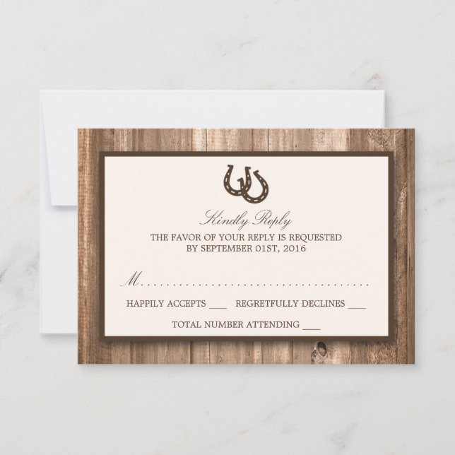 Cartons Réponse Country Rustic Horseshoe & Mariage Brown en bois R (Devant)