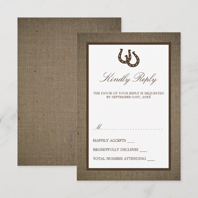 Cartons Réponse Country Rustic Horseshoe Sur Burlap Mariage (Devant / Derrière)