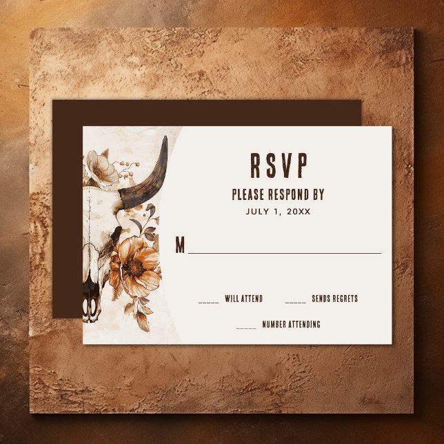 Cartons Réponse Crâne de vache rousse Floral Boho Western Mariage (Rustic Bull Cow Skull and Flowers Boho Western RSVP Card)