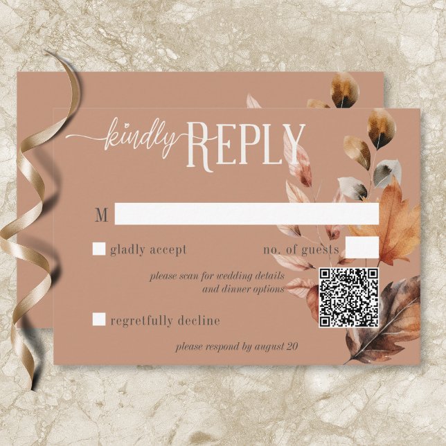 Cartons Réponse Crème rouille rustique & Chute Brown Code QR flora (Rustic Rust Cream & Brown Fall Floral QR Code RSVP Card)