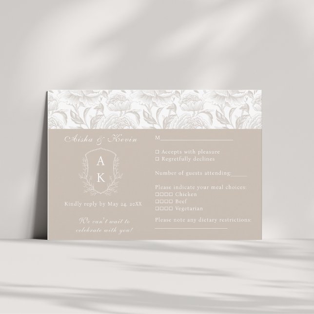 Cartons Réponse Crest Monogram Pale Taupe paysage Mariage (Créateur téléchargé)