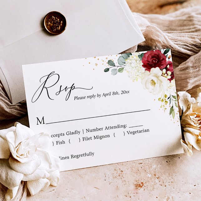 Cartons Réponse Crimson Rouge Blanc Floral Or Confetti Mariage (Créateur téléchargé)