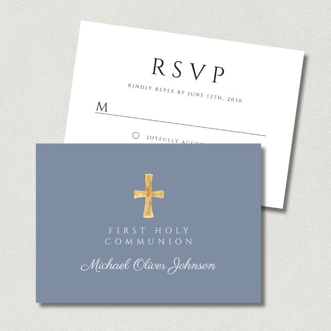 Cartons Réponse Croix religieuse Dusty Blue Boy First Communion (Dusty Blue Religious Cross Boy First Communion RSVP Card)
