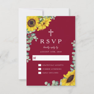 Cartons Réponse Croix Religieuse Mariage Tournesol Floral Bourgogn