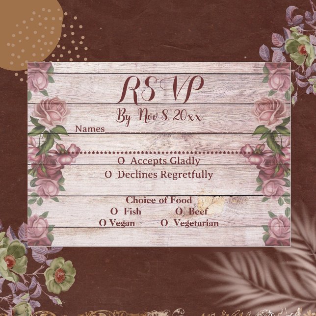 Cartons Réponse Cute Rustic Woodland Rose Mariage campagnard Flora (Cute Rustic Woodland Roses Floral Country Wedding RSVP Card)