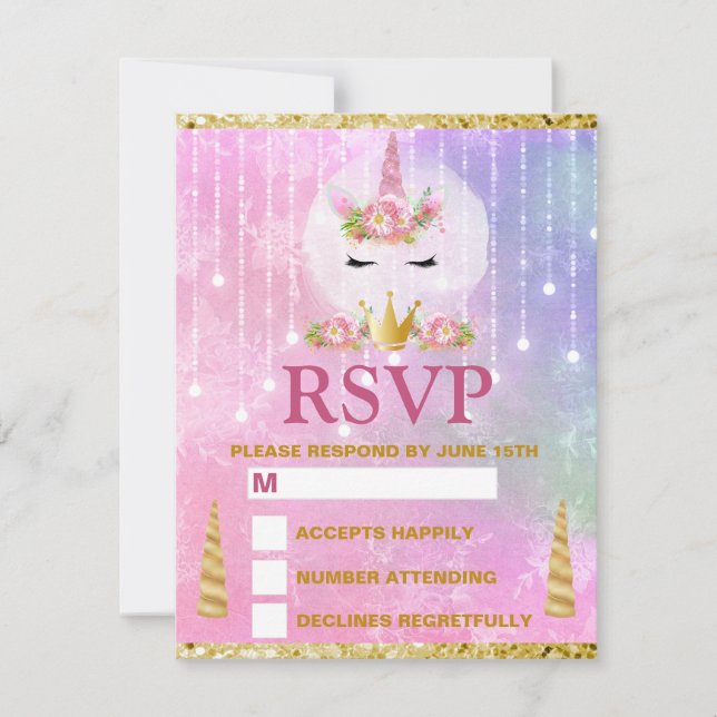 Cartons Réponse Cute Unicorn Visage Rose Fleurs Quinceañera (Devant)