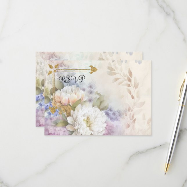 Cartons Réponse Dahlias blancs avec accents violets et bleus (Devant/Arrière en situation)