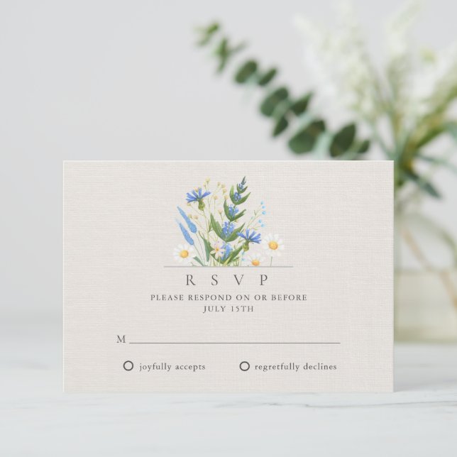 Cartons Réponse Daisy été Blue Floral Mariage botanique (Debout devant)