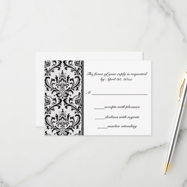 Cartons Réponse Damas moderne noir et blanc | MARIAGE (Devant/Arrière en situation)
