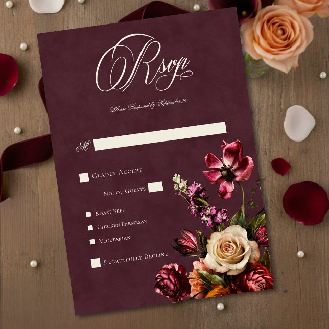 Cartons Réponse Dark Elegant Autumn Floral Burgundy Wedding Dinner (Créateur téléchargé)