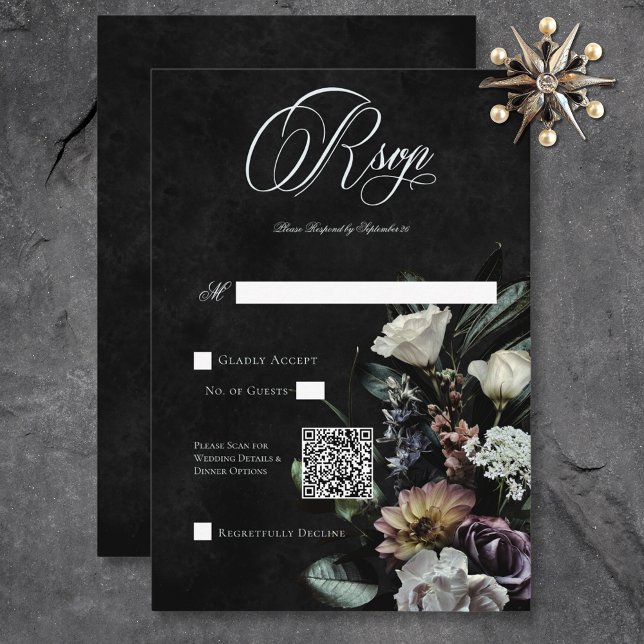 Cartons Réponse Dark Gothic Mystérieux Muted Floral QR Code (Dark Gothic Mysterious Muted Floral QR Code RSVP Card)