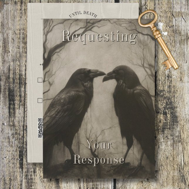 Cartons Réponse Dark Gothique Noir & Tan Raven Couple Mariage (Dark Gothic Black & Tan Raven Couple Wedding RSVP Card)