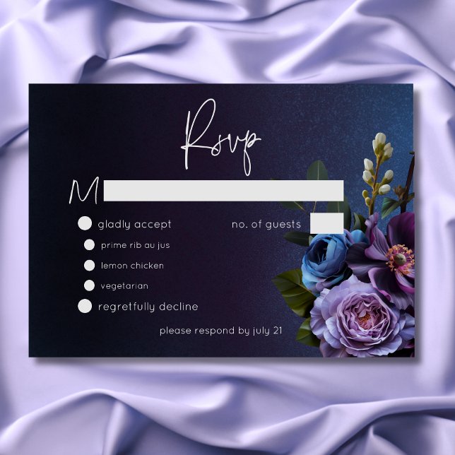 Cartons Réponse Dark Moody Blue Lavender Floral Moderne Mariage (Dark Moody Blue Lavender Floral Modern Wedding RSVP Card)