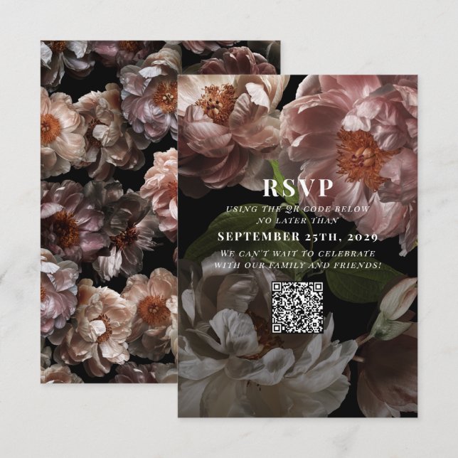 Cartons Réponse Dark Moody Mariage rose QR Code Veuillez répondre  (Devant / Derrière)