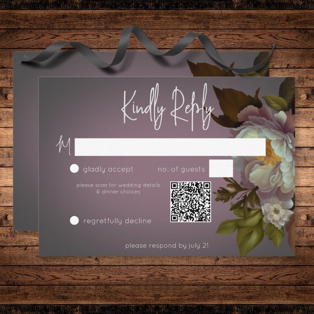 Cartons Réponse Dark Moody Mauve Floral Moderne Mariage QR Code (Dark Moody Mauve Floral Modern Wedding QR Code RSVP Card)