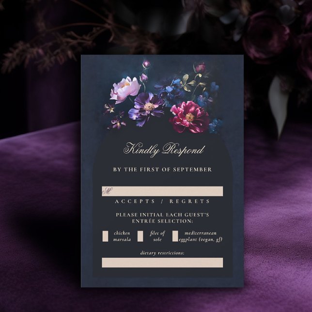 Cartons Réponse Dark Romantic Moody Florals Bijou Black Mariage (dark moody wedding RSVP meal choice purple black jewel tones dutch painting romantic gothic)