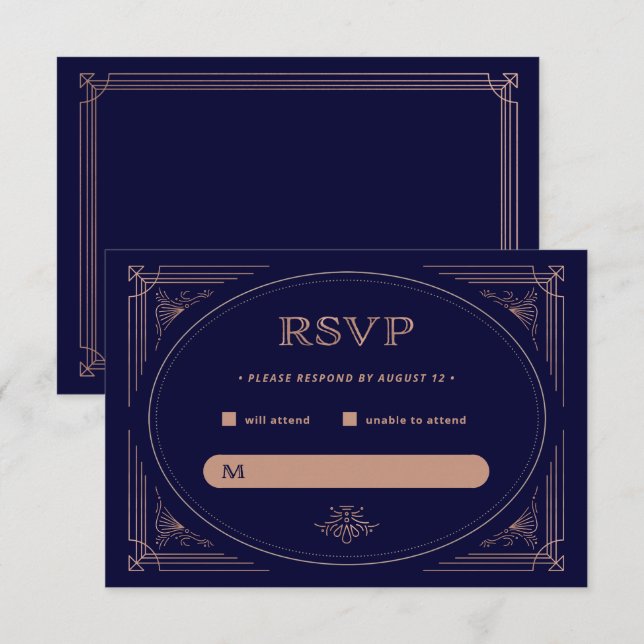 Cartons Réponse Déco moderne | Faux Rose Gold et Navy Blue Mariage (Devant / Derrière)