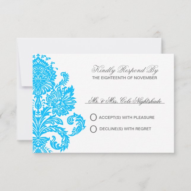 Cartons Réponse Deep Sky Blue Elegant Mariage damassé personnalisa (Devant)