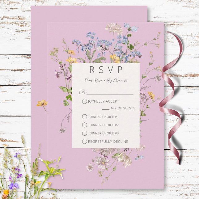 Cartons Réponse Délicat Boho Wildflowers rose Trois Dîners (Delicate Boho Wildflowers Pink Three Dinner RSVP Card)