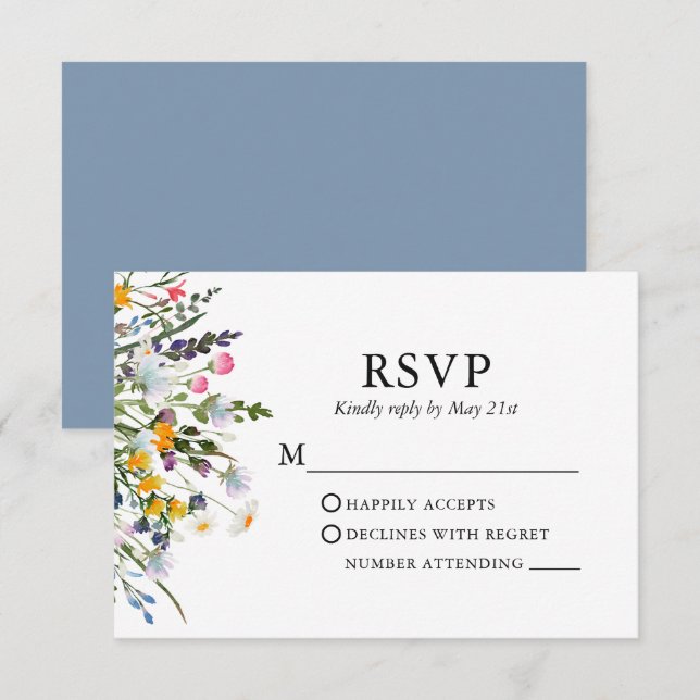 Cartons Réponse Délicat Fleur sauvage Aquarelle Mariage Dusty Blue (Devant / Derrière)