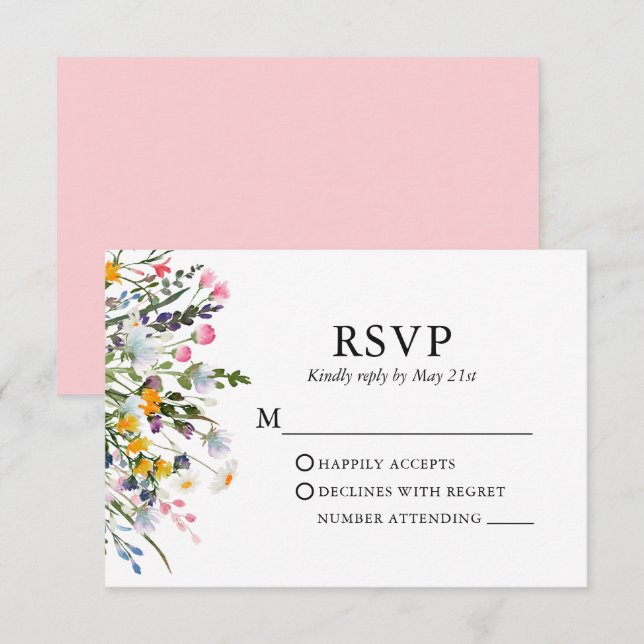 Cartons Réponse Délicat Fleur sauvage Aquarelle Mariage rose (Devant / Derrière)