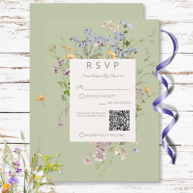 Cartons Réponse Delicate Boho Wildflowers vert QR Code Mariage (Delicate Boho Wildflowers Green QR Code Wedding RSVP Card)