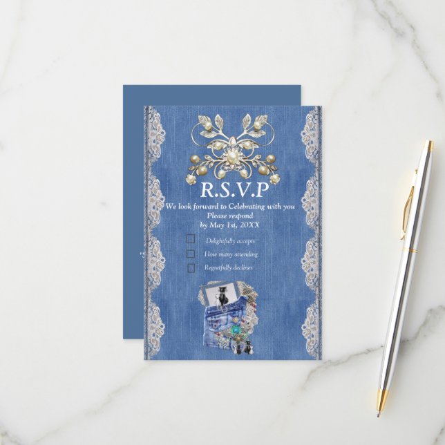 Cartons Réponse Dénim bleu, dentelle, bijoux costume & chatons (Devant/Arrière en situation)