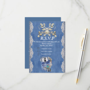 Cartons Réponse Dénim bleu, dentelle, bijoux costume & chatons