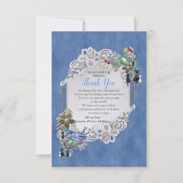 Cartons Réponse Denim bleu, dentelle et Merci de bijoux costume (Devant)