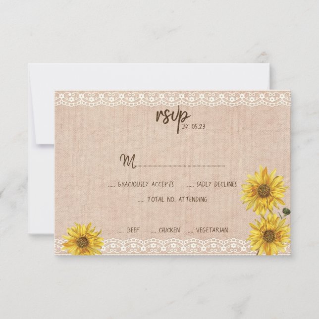 Cartons Réponse Dentelle rustique & Burlap Sunflowers Mariage Cart (Devant)