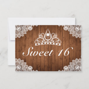 Cartons Réponse Dentelle rustique et blanche Tiara Sweet 16