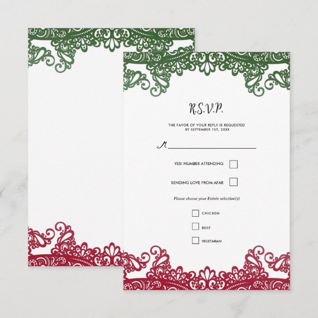Cartons Réponse Dentelle verte et rouge Elégant Mariage Fiesta RSV (Devant / Derrière)