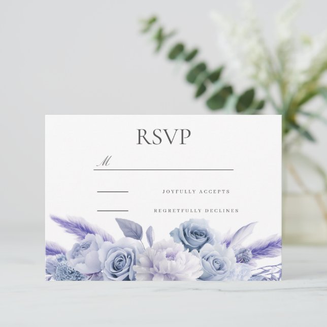 Cartons Réponse Designer Dusty Blue Floral Mariage (Debout devant)