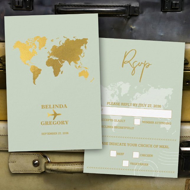 Cartons Réponse Destination Mariage Monde Passport Sage Vert Or (Destination Wedding World Passport Sage Green Gold RSVP Card)