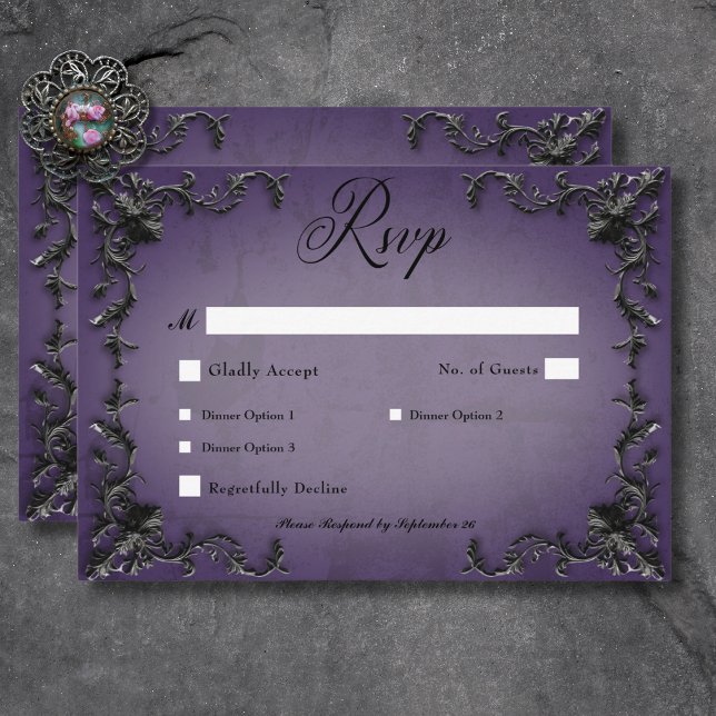 Cartons Réponse Dîner de coeur gothique noir et violet en fibre (Gothic Black & Purple Filigree Heart Dinner RSVP Card)