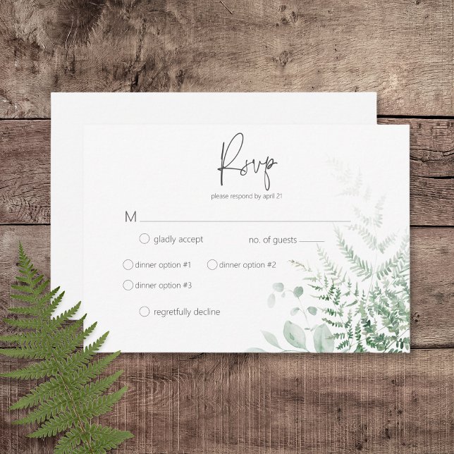 Cartons Réponse Dîner Elégant Et Délicat De Verdure Ferns (Elegant Delicate Greenery Ferns Wedding Response Card with Dinner Options)