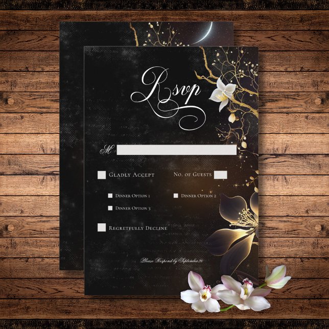 Cartons Réponse Dîner gothique noir et blanc Orchidée (Dark Gothic Black & White Orchid Spells Dinner RSVP Card)