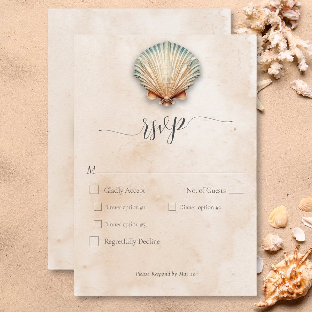 Cartons Réponse Dîner Mariage de sable moderne en coquillages côti (Modern Coastal Seashell Sand Wedding Dinner RSVP Card)