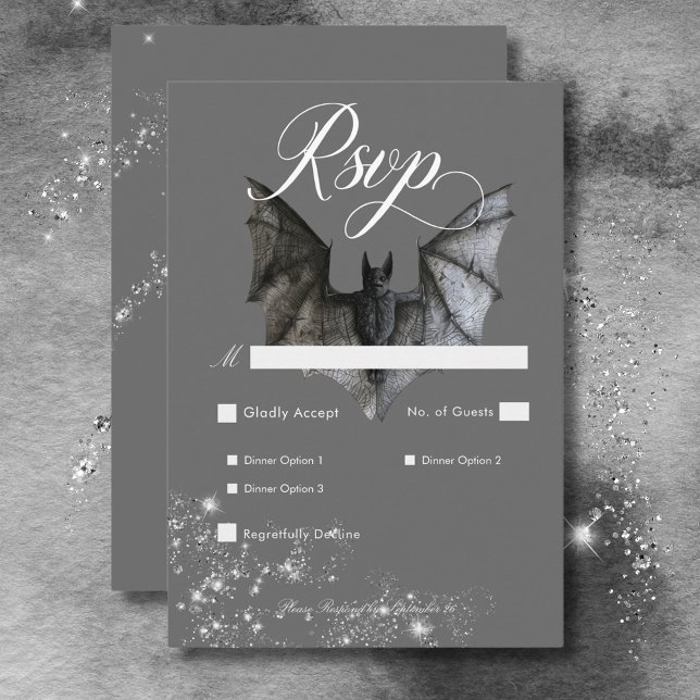 Cartons Réponse Dîner Mariage pour Halloween Sombre Bat et Diamant (Dark Halloween Glam Bat & Diamonds Wedding Dinner RSVP Card)