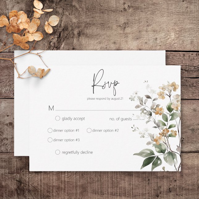 Cartons Réponse Dîner Rustique Délicat Tan Fall Fleur sauvage (Rustic Delicate Tan Fall Wildflowers Wedding Response Card with Dinner Options)