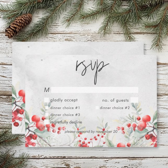 Cartons Réponse Dîner Rustique hiver Holly & Pine Mariage (Rustic Winter Holly & Pine Wedding Dinner RSVP Card)