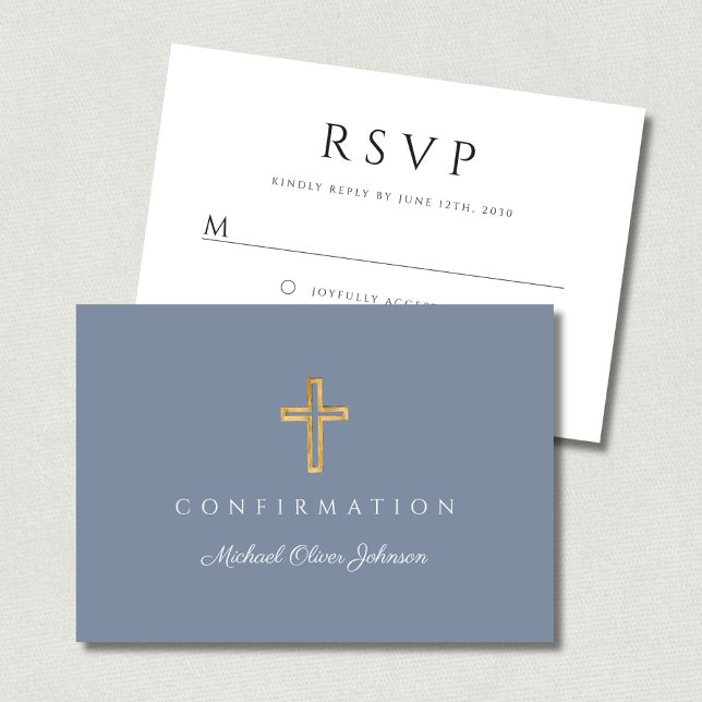 Cartons Réponse Dusty Blue Boy Religious Cross Confirmation (Dusty Blue Boy Religious Cross Confirmation RSVP Card)
