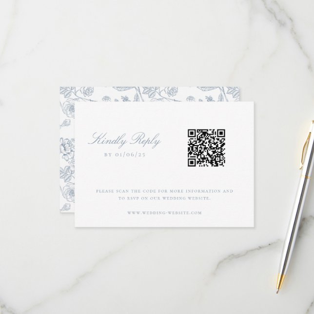 Cartons Réponse Dusty Blue Chinoiserie Floral Mariage QR Code (Devant/Arrière en situation)