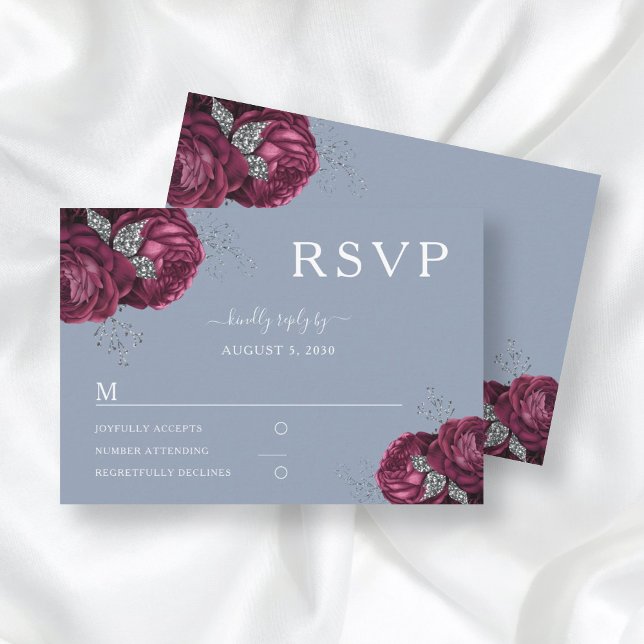 Cartons Réponse Dusty Blue Floral Burgundy Peonies Élégant Mariage (Créateur téléchargé)