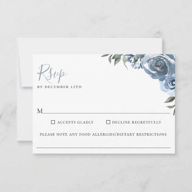 Cartons Réponse Dusty Blue Floral Mariage Allergie alimentaire RSV (Devant)