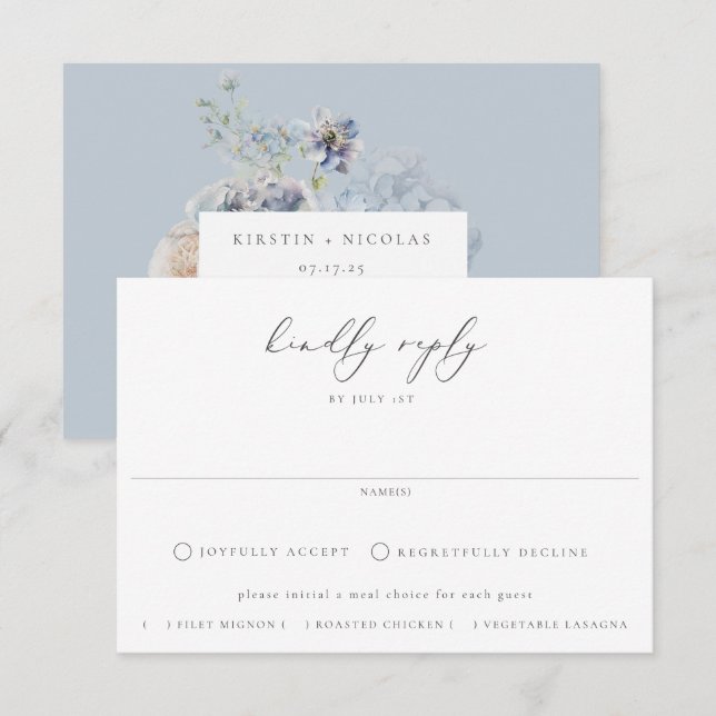 Cartons Réponse Dusty Blue Garden Floral Meal Choice Mariage (Devant / Derrière)