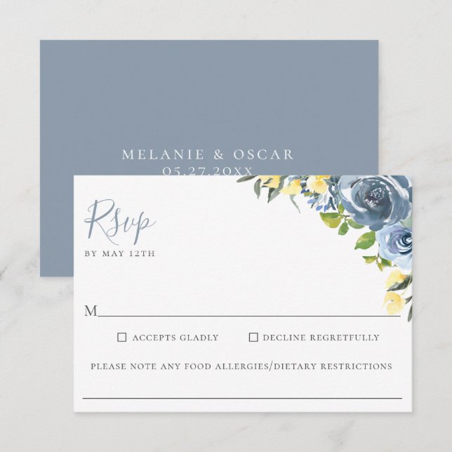 Cartons Réponse Dusty Blue Jaune Floral Mariage Allergie alimentai (Devant / Derrière)