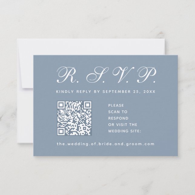 Cartons Réponse Dusty Blue Mariage QR Code Calligraphie simple (Devant)