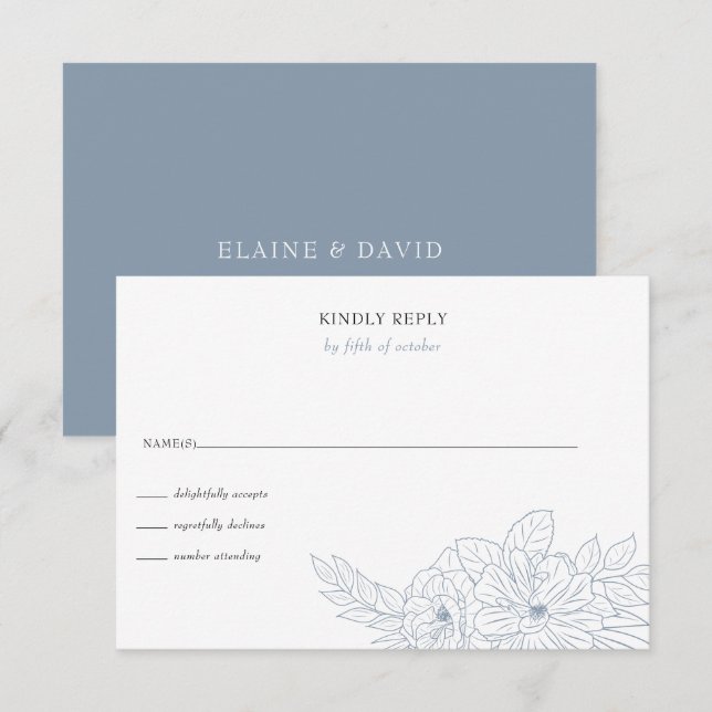Cartons Réponse Dusty Blue Minimal Élégant Mariage floral croquis (Devant / Derrière)