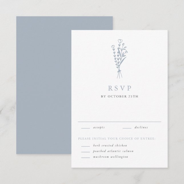 Cartons Réponse Dusty Blue Minimalist Floral Bouquet Mariage (Devant / Derrière)